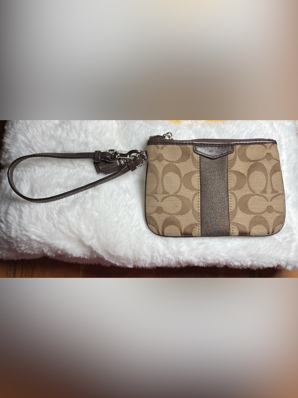 Coach Signature Tan & Brown Canvas Wristlet